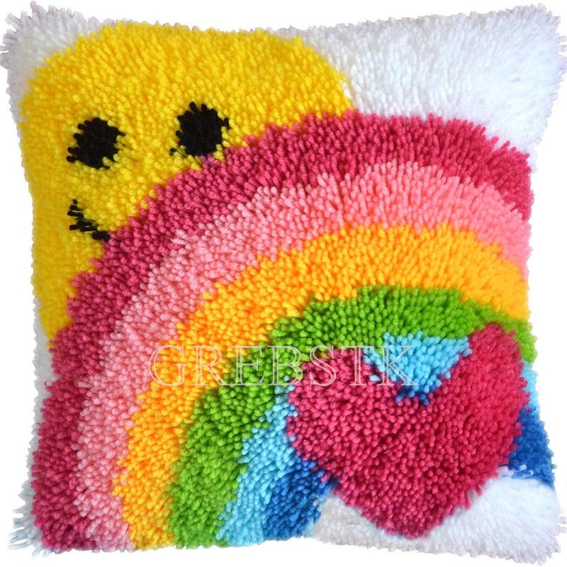 GREBSTK Latch Hook Kit DIY Throw Pillow Cover Sofa Cushion Cover Sun & Rainbow Pattern Paint Cross Stitch 16X16 inch - Image 1
